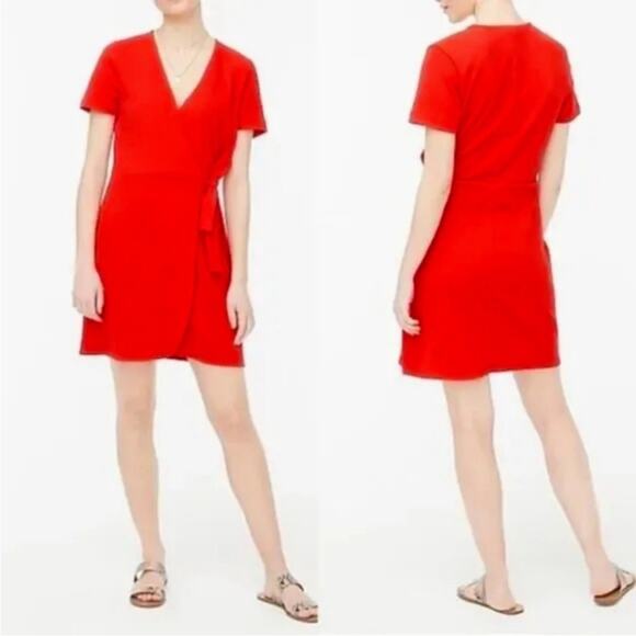 J. Crew Textured Faux Wrap Mini Dress Red Size Medium Tie Classic Office V Neck - Picture 1 of 11